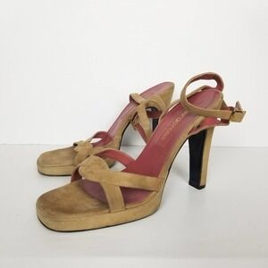 Sergio Rossi square toe sandal heels, tan suede, size 39.5